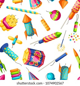 Seamless pattern with colorful fireworks. Different types of pyrotechnics, salutes and firecrackers.