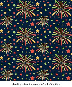 Seamless pattern with colorful fireworks in the night sky. Vector background in flat style