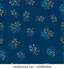 
Seamless pattern - colorful fireworks. Salute on dark evening or night sky. Winter confetti, holiday atmosphere. Blue backdrop. Dark background. Bright dots, points.
