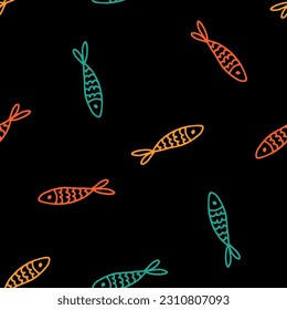 Seamless pattern with colorful fish and black background