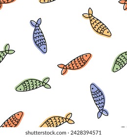 Seamless pattern with colorful fish and black outline