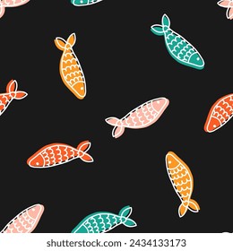 Seamless pattern with colorful fish and black background