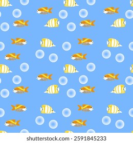 Seamless Pattern of Colorful Fish and Bubbles on Blue Background