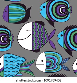 Seamless pattern from colorful fish. Children's cheerful background
