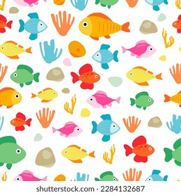 Seamless pattern colorful fish coral stones vector illustration