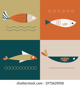 Seamless pattern of colorful fish. Cuttings in squares. Fish. Ideal for textiles, wallpaper, wrapping paper. Hand-drawn. Vector illustration.