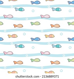 Seamless Pattern of Colorful Fish Design on White Background with Blue Wavy Lines