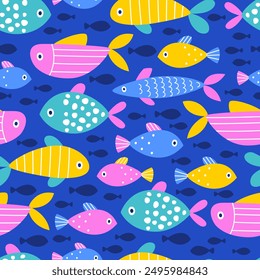 Seamless pattern with colorful fish. Ideal for printing on children's fabric. Vector illustration