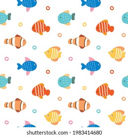 Seamless Pattern of Colorful Fish Illustration Design on White Background