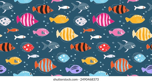 Seamless pattern with colorful fish. Marine animal print. Vector graphics.