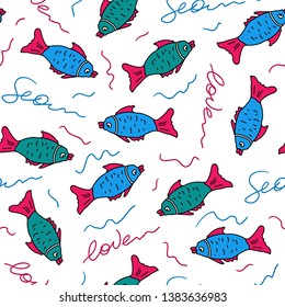 Seamless pattern with colorful fish on a white background with the inscription Love and Sea. Summer bright illustration or design elements in flat style. Vector.