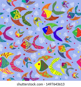 Seamless pattern. Colorful fish on light blue color backround. Vector graphic illustration.