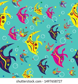 Seamless pattern. Colorful fish on light blue color backround. Vector graphic illustration.