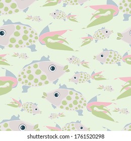 Seamless pattern of colorful fish on a light green background