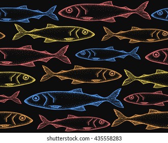 Seamless pattern with colorful fish on the dark background