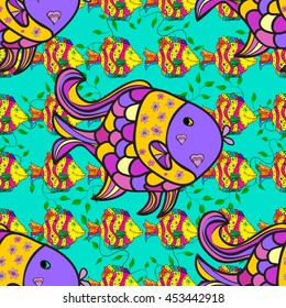 Seamless pattern with colorful fish on blue background. Vector illustration.