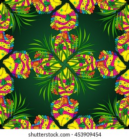 Seamless pattern with colorful fish on green background. Vector illustration.