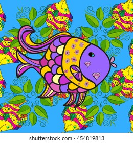 Seamless pattern with colorful fish on dark gradient blue background. Vector illustration.