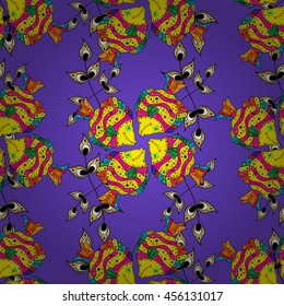 Seamless pattern with colorful fish on dark gradient blue background. Vector illustration.