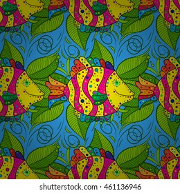 Seamless pattern with colorful fish on blue background. Vector illustration.