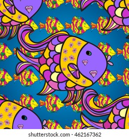 Seamless pattern with colorful fish on dark blue gradient background. Vector illustration.