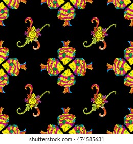 Seamless pattern with colorful fish on black background. Vector illustration.
