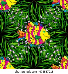 Seamless pattern with colorful fish on green and black background. Vector illustration.