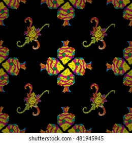Seamless pattern with colorful fish on black background. Vector illustration.