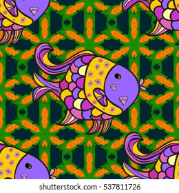 Seamless pattern with colorful fish on dark blue background. Vector illustration.