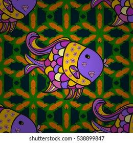 Seamless pattern with colorful fish on dark blue background. Vector illustration.