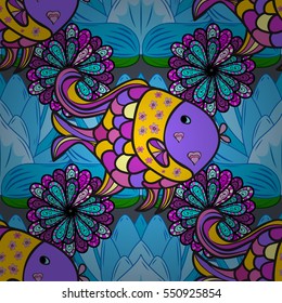 Seamless pattern with colorful fish on lotus background. Vector illustration. Radial gradient shape.