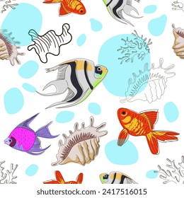 Seamless pattern of colorful fish, shell, coral and waves in doodle style. Marine pattern. Vector illustration.