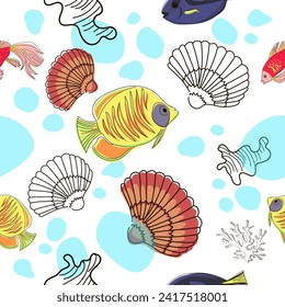 Seamless pattern of colorful fish, shell, coral and waves in doodle style. Marine pattern. Vector illustration.