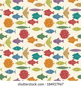 seamless pattern with colorful fish silhouettes vector background