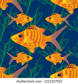Seamless pattern with colorful fish swimming underwater. Vector illustration with fishes in yellow, blue and orange colors. Vector illustration.