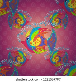 Seamless pattern with colorful fish swimming underwater. Vector illustration with fishes in violet, beige and pink colors. Vector illustration.