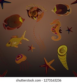 Seamless pattern with colorful fish swimming underwater. Vector illustration with fishes in orange, yellow and brown colors. Vector illustration.