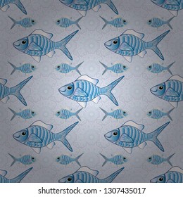 Seamless pattern with colorful fish swimming underwater. Vector illustration. Vector illustration with fishes in green, gray and blue colors.