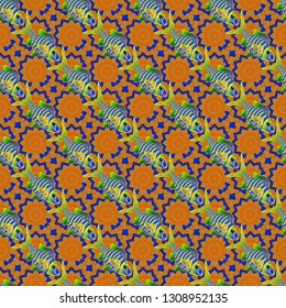 Seamless pattern with colorful fish swimming underwater. Vector illustration. Vector illustration with fishes in blue, orange and brown colors.