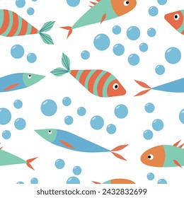Nahtloses Muster mit bunten Fischen. Unterwasser, Meeresleben, Blasen, Aquarium. Hintergrund für Kinder.