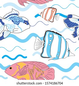 Seamless pattern with colorful fish and waves illustration