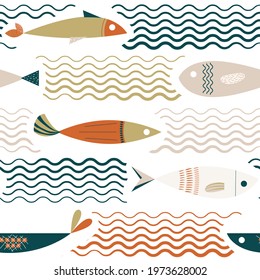 Seamless pattern of colorful fish with waves. fish, sea, ocean. Ideal for textiles, wallpaper, wrapping paper. Hand-drawn. Vector illustration.