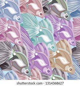Seamless pattern with colorful fishes. Abstract background. Vector 10 eps