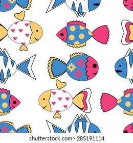 Seamless pattern with colorful fish.Tropical cartoon fish