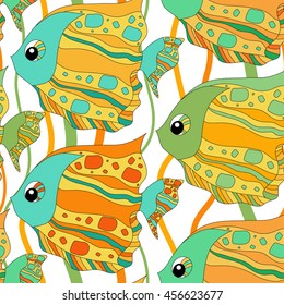 Seamless pattern with colorful fish.Vector graphic print.Textile texture