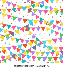 Seamless pattern with colorful flags and confetti. Vector pattern on white background. Holiday background for web design, greeting card and party decoration