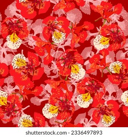 A seamless pattern of colorful flame tree flowers. vector illustration. Colorful flower background.