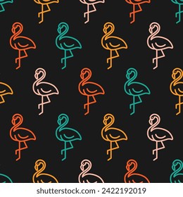 Seamless pattern with colorful flamingo and black background