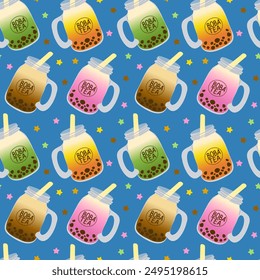 Seamless pattern with colorful flat Asian bubble tea and tapioca pearls in glass jar. Summer vacation vector illustration on blue background. Good for textile, wallpaper