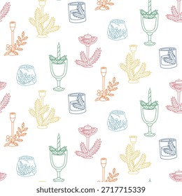 Seamless pattern with colorful flat contour Christmas candles and holders decorated with evergreen branches. Cozy holiday design for wrapping paper, seasonal textile prints, or backgrounds